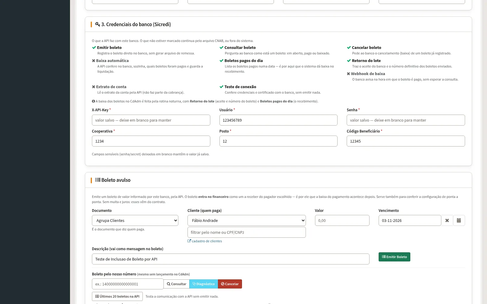 Configuração do banco com a escolha entre API e CNAB e as ferramentas de teste
