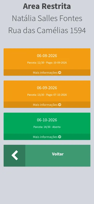 Área VIP do locatário no celular: meses do contrato, pagos e em aberto