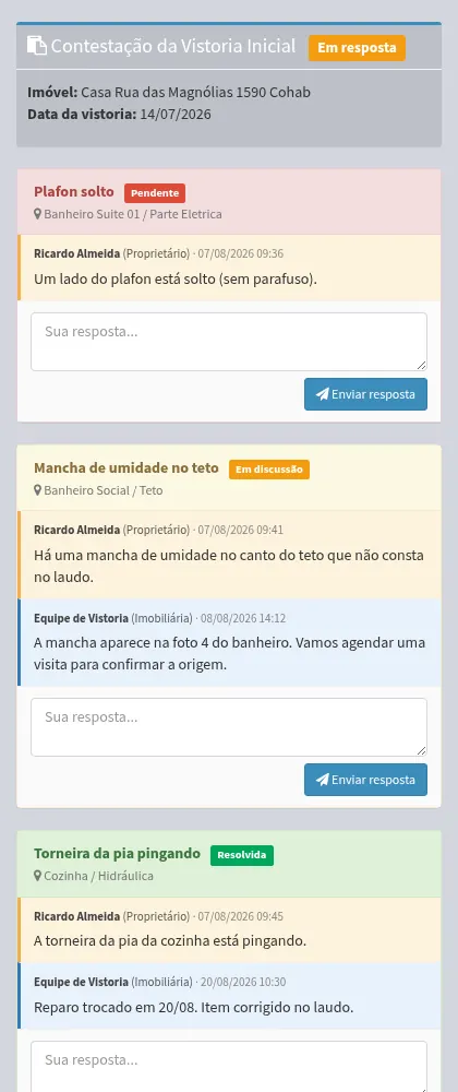 Contestação de vistoria pela Área VIP no celular, com quatro itens e as respostas da imobiliária