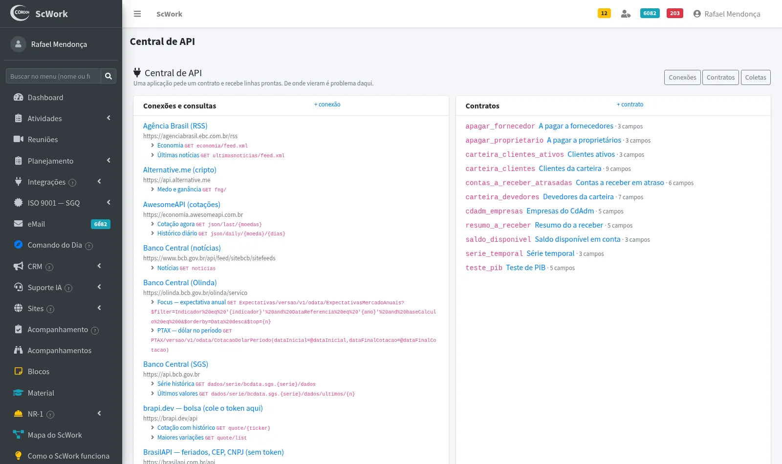 Central de API: conexões com fontes externas à esquerda e contratos de dados à direita