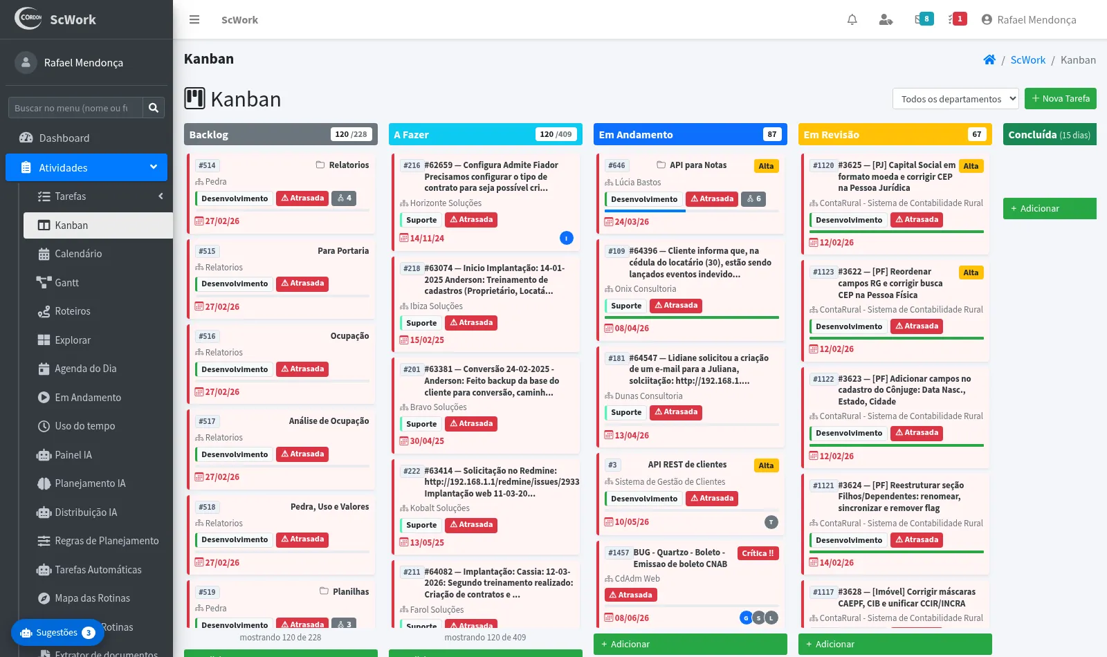 Kanban do ScWork com colunas de backlog, a fazer, em andamento e concluída