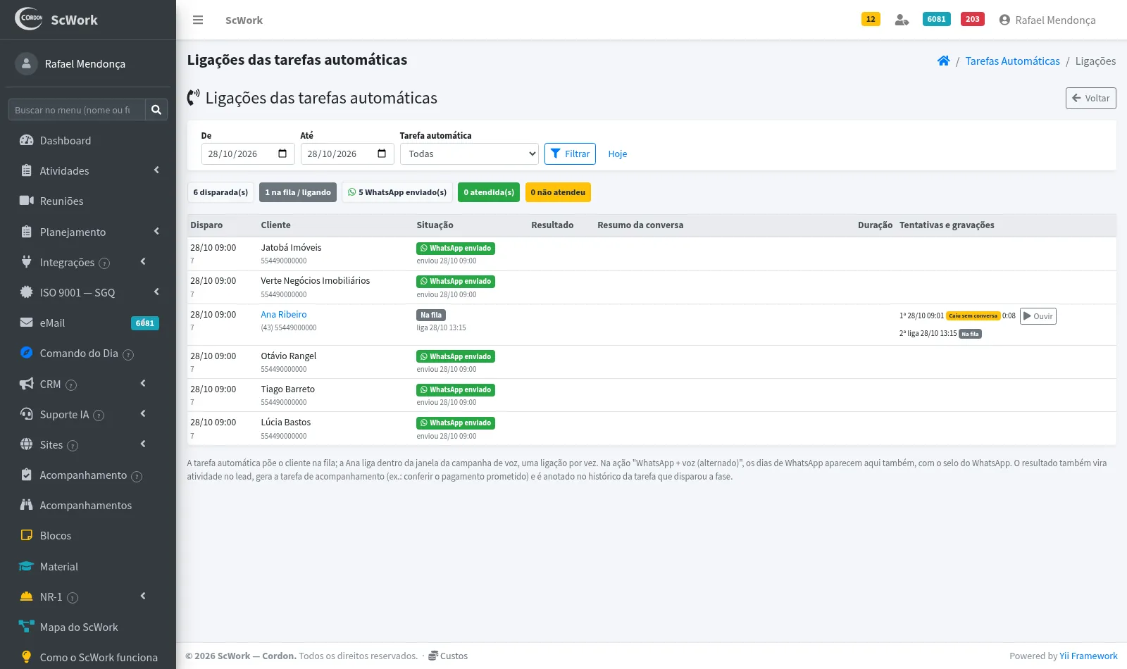 Ligações das tarefas automáticas: cada cliente com o canal do dia, WhatsApp enviado ou ligação, e o resultado
