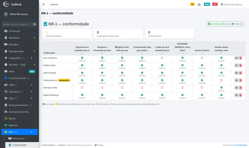 NR-1: quadro de ciência por colaborador