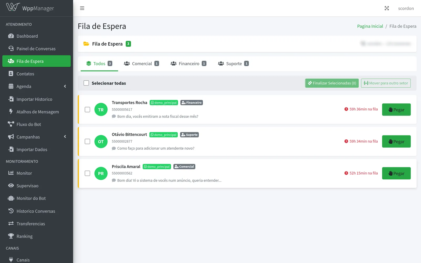Fila de espera do WppManager, separada por departamento