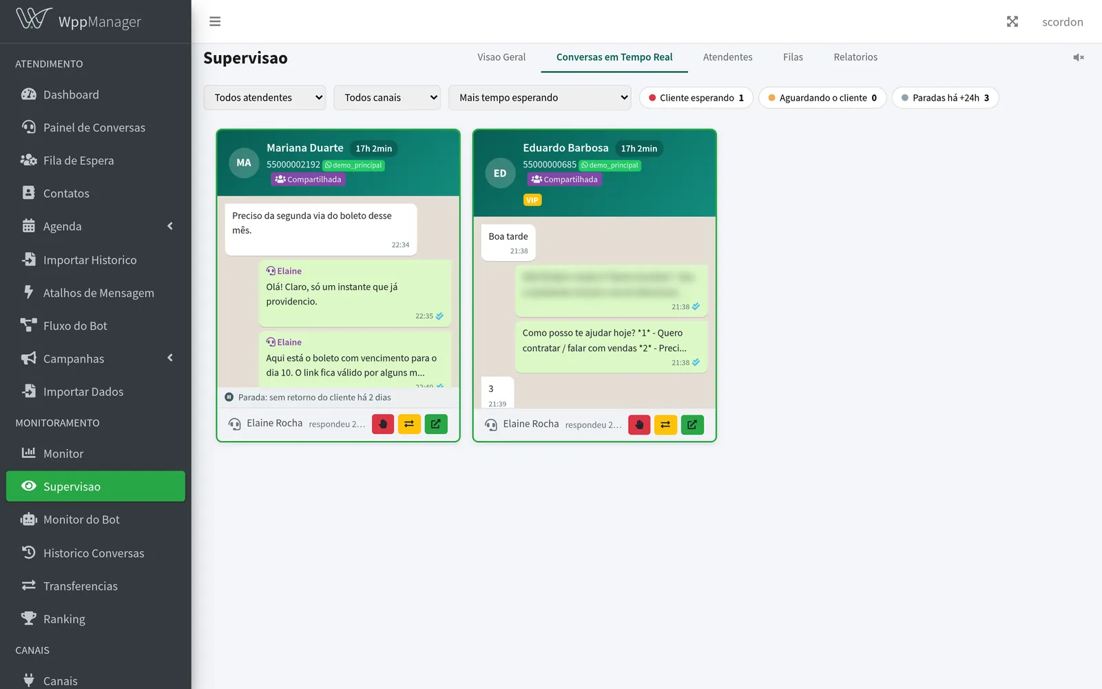 Aba Conversas em Tempo Real da supervisão do WppManager: contadores de cliente esperando, aguardando o cliente e paradas há mais de 24 horas, filtros por atendente e canal, e as conversas abertas em cartões com o tempo parado e as últimas mensagens